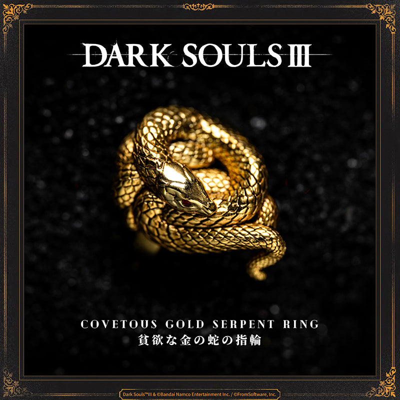 Covetous Gold Serpent Ring
A gold ring depicting a snake that could have been, but never was, a dragon. Fallen foes are more likely to drop items.  Snakes are known as creatures of great avarice, devouring prey even larger than themselves by swallowing them whole.  If one's shackles are cause for discontent, perhaps it is time for some good old fashioned greed.
PRODUCT PARAMETER
Brand: STARFORGED
Name: Covetous Gold Serpent Ring
Material: 18K Gold (Gold Version) / Brass (Brass Version)
Size: Hei